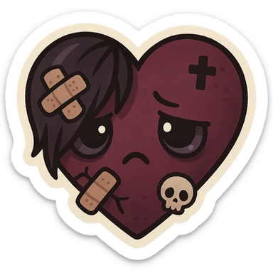 emo heart, bandaged, dark colors, subtle skull or cross motif, emotional expression, chibi style sticker