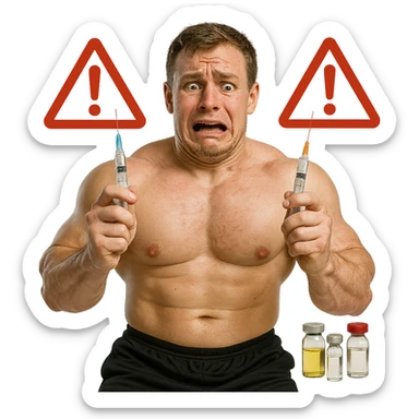 beginner bodybuilder with swollen but undefined muscles holding two different syringes, scared expression, open anabolic steroid vials, red danger symbols in background, realistic details, isolated on white background sticker