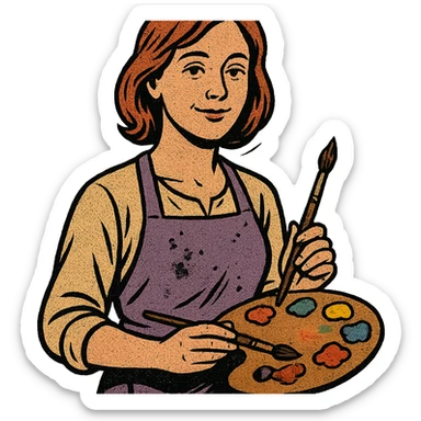 Serene female oil painter, Caucasian features, shoulder-length auburn hair, soft brown eyes, gentle smile, wearing a violet painter’s apron lightly stained with paint over a beige blouse, holding a wooden palette with vibrant colors in one hand and a brush in the other, waist-up, front-facing sticker