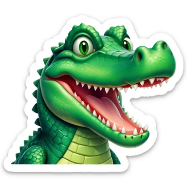 Cinematic Comical Crocodile Portrait Emoji, Head tilted dramatically with an exaggeratedly amused expression, featuring a striking, glossy emerald-green hide with bold textured scales and wide, expressive eyes filled with playful disbelief, Simplified yet hilariously expressive features, highly detailed, glowing with a slightly sassy glow, high shine, dramatic yet playful, stylized with an air of cheeky mischief, bright and endearing, soft glowing outline, capturing the essence of a spirited and over-the-top crocodile, so meme-worthy it feels like it could snap its jaws into internet fame instantly! sticker
