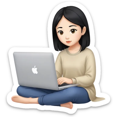 Asian girl with black hair sitting and watching a MacBook laptop sticker