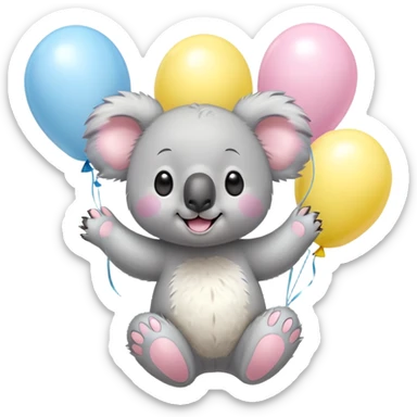 koala floating with pastel balloons, happy face, pastel-toon style sticker