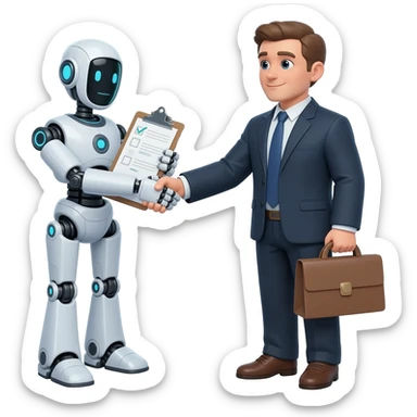 Emoji-style AI assistant robot holding a clipboard with checkmarks and passing it to a business person. Represents a smooth sales-to-customer-success handoff. Clean, friendly, professional emoji style with simple shapes and bright colors. sticker