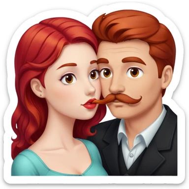 A man with a mustache and brown hair is kissing a girl with red hair sticker
