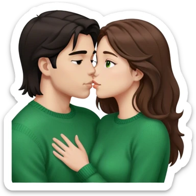 Young guy with black slightly long hair kissing a young woman with brown hair and green sweater sticker