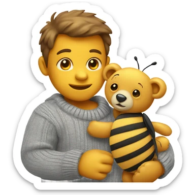 Teddy bear wearing grey sweater playing with a bee  sticker