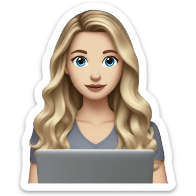 White girl blue eyes with long voluminous brown hair with blonde highlights balayage holding a laptop 
 sticker