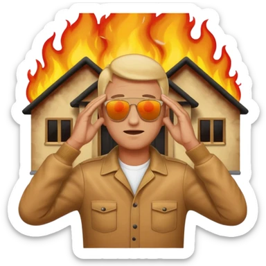 a man stands with his hands on his head and a house on fire behind him, apple style emoji sticker