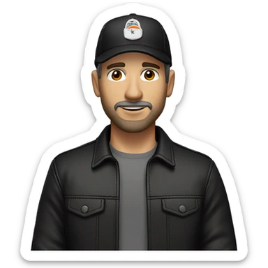 An adult white skin portrait of male with stubble and a slightly gray beard, brown hair, black eyes, wearing a black Reebok cap with a round emblem on his head, and a black leather jacket. sticker