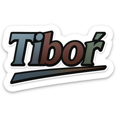 Tibor name in masculine, modern, gradient font with precise Hungarian characters, dark outline, extra thick, prominent white border as in reference images, dynamic slanted underline, masculine color shades (blue, gray, burgundy, green, brown), 1000x1000 px, PNG, transparent background sticker