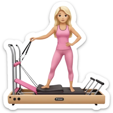 long haired blonde pilates instructor teaching reformer in pink set beige reformer sticker