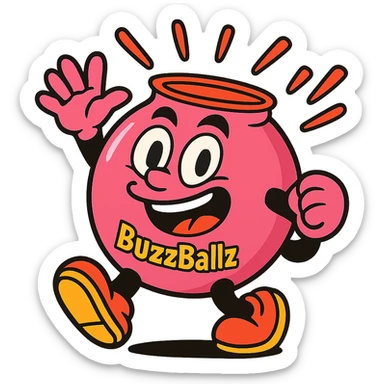giant pink BuzzBallz, cartoonish and fun, radiating excitement sticker