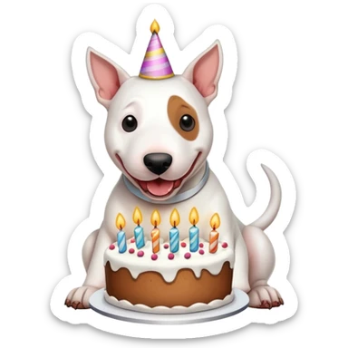Bull terrier holding a birthday cake sticker