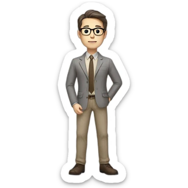 Full height Gesticulating Pale skinned fit man with dark brown hair in gray jacket, beige office shirt, brown tie, brown pants and vintage glasses. sticker