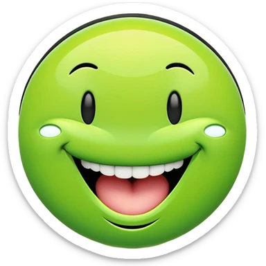 A bold, cartoon-style smiley face with a neon green background and thick black outlines. The face has large, closed eyes shaped like upside-down U's, and an extremely wide, exaggerated open-mouth smile showing four large square teeth. The overall expression is joyful and goofy. The entire face is perfectly round, centered, and symmetrical. sticker