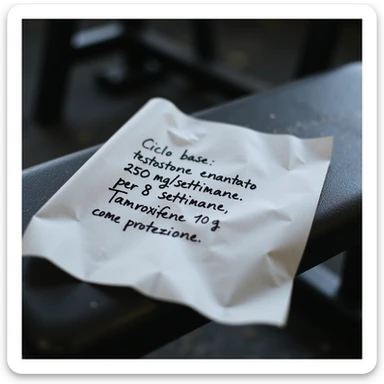 Sheet resting on a gym bench, handwritten: 'Ciclo base: testosterone enantato 250 mg/settimana per 8 settimane. Tamoxifene 10 mg al giorno come protezione.' Hyperrealistic details, 4K. sticker