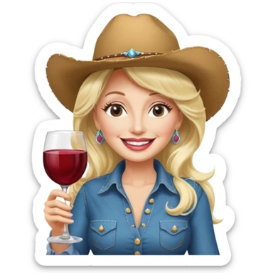 Dolly Parton with a huge glass of wine on a bachelorette trip and a cowboy hat sticker