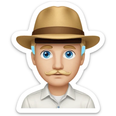 Justin Jeffre blue eyes, blonde hair and brown mustache, white shirt and hat sticker