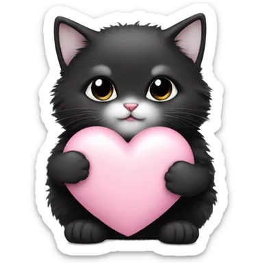black fluffy fat kitten holding pale pink heart sticker