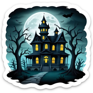 Icon for Horror Movies: A dark, eerie collage featuring iconic horror elements like a haunted house, a full moon, sinister shadows, and creepy creatures emerging from the darkness. The atmosphere should be chilling, with a feeling of suspense and fear. Transparent background. sticker