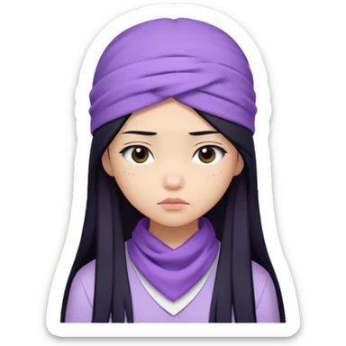 Asian girl with straight long hair, lilac bandana, white and lilac clothes, sad face sticker