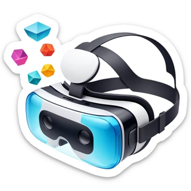 Show a VR headset or AR glasses, symbolizing the immersive experience. Include virtual objects or a 3D scene floating in the air in front of the headset. Use modern, tech-inspired colors. Do not include any emojis or smiley faces. Make the background transparent. sticker