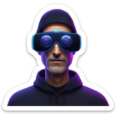 Steve Jobs wearing a black hoodie with "OMG" letters on it and VR headset in a cyberpunk VR environment with violet neon lighting. sticker