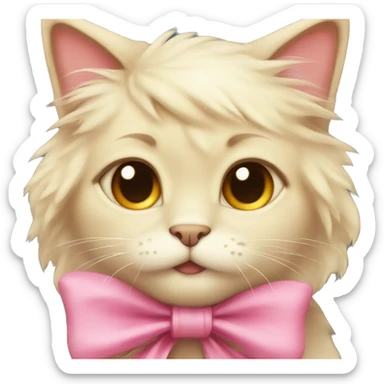 Cute fluffy blonde cat with brown eyes and pink bow sticker