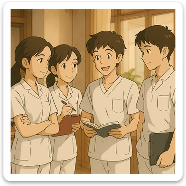 Groupe de quatre étudiants infirmiers, style Ghibli, en train de discuter et collaborer à l'intérieur. Uniformes médicaux blancs, manches courtes, col en V, poche poitrine à gauche, avant-bras découverts, cheveux longs attachés, pas de stéthoscopes ni pied de col. Atmosphère conviviale et studieuse. sticker