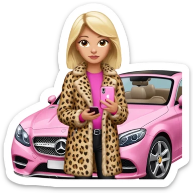 a blondie queen Arina in a leopard fur and pink iPhone on her mercedes sticker