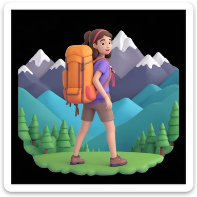 girl back packing mountains in background, close up pose sticker