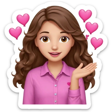 girl with long wavy brown hair, brown eyes, light to medium complexion, in a pink shirt, pink lips, long lashes, many  hearts in hand sticker