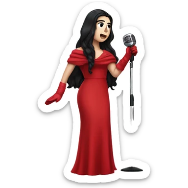 Dua Lipa, with long dark hair, wearing a red gown with red gloves and a red scarf, singing with a microphone on her hand. sticker