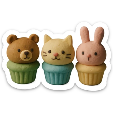 mini cupcakes with animal faces of bear, cat, and rabbit, soft pastel tones, claymation style, transparent background sticker