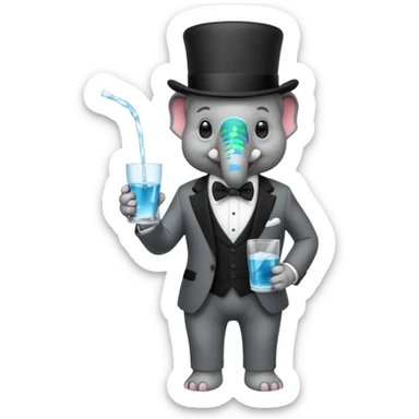 elephant wearing suit, bowtie and top hat, holding glass of water sticker