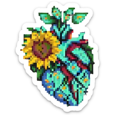 a pixelated human heart with sunflower petals and stem, classic pixel art sticker