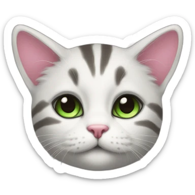 I want a cat with green eyes, white and striped fur, and a pink nose sticker