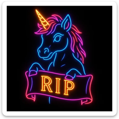 neon unicorn holding a RIP banner, outlined in neon lights, black background, stylized sticker