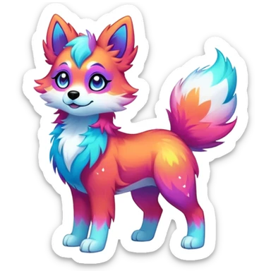 Vibrant multicolored neon-colored Falvie-Fionbri-creature-sparkle-dog-fursona, full body sticker