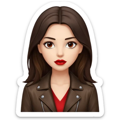 brunette with long hair in cuir jacket with red lips and very dark brown eyes sticker