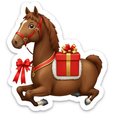 a New Year's horse with a red saddle, which has a red gift box with a white bow on the saddle sticker
