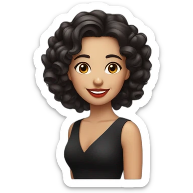 young moroccan woman with dark brown eyes, dark long curling hair with lighter extrimity, red lips, big smile, black dress sticker