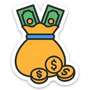 a bag filled with money with bills and coins spilling out, clean modern icon style sticker