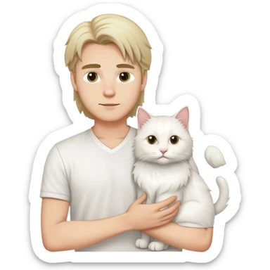 A young Caucasian man in a white shirt holds a long-haired white cat sticker