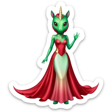 "reptilian green alien woman, in long slim pastel red formal party satin dress with gradient shiny sparkling dark red", rides "unicorn gold and white"
 sticker