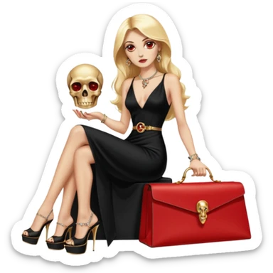 Lilith symbol red eye seductress  length blonde haired powerful woman with Gucci, and Hermes bags next to her. Wearing long dress with slit, sitting on of gold and diamonds. Black Platform high heels on feet. seat stacked with designer bags,  dead human skull of her enemies in her other hand sticker