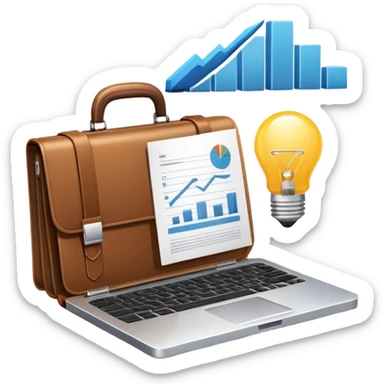 An icon showing a briefcase, a stack of documents, and a rising bar chart, representing business and entrepreneurship. The design features a laptop and a lightbulb, symbolizing innovation and strategy. Transparent background highlights the dynamic world of business growth and leadership. sticker