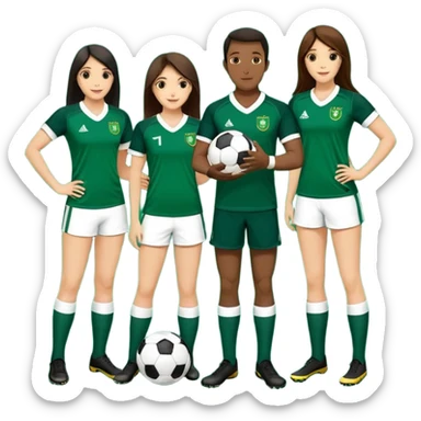 3 atletas, um homem no meio e duas mulheres com cores de pele diferentes, usando elementos esportivos, bola de futebol, luvas de luta e bola de vôlei. Coloque um chapéu de papai noel das cores verde e com uniforme azul e branco sticker
