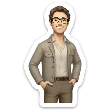 Joyful Full height Pale skinned Fit Man With dark brown hair in gray jacket, beige office shirt, Brown pants and vintage glasses. His thrumbs up sticker