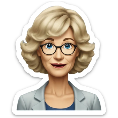 Medium length Dirty blonde poofy hair with bangs all across forehead and sides swept away from face business woman of 60 years old with blue eyes  sticker